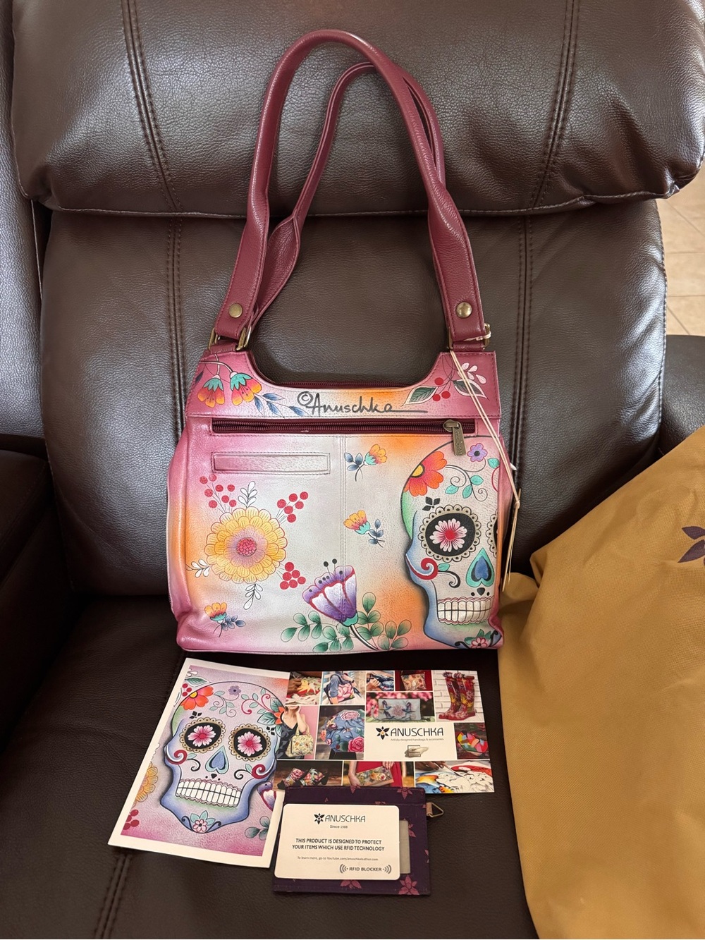 New Anuschka Sugar Skulls Leather Shoulder Bag New with RFID Includes Dust Bag